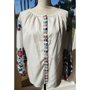 OC Order Plus White w/Floral Raglan Puff Long Sleeve Blouse Size Small Button-up